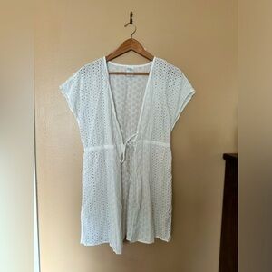 Kona Sol White Eyelet Swim cover-up SZ S/M ties at waist sleeveless 100% Cotton